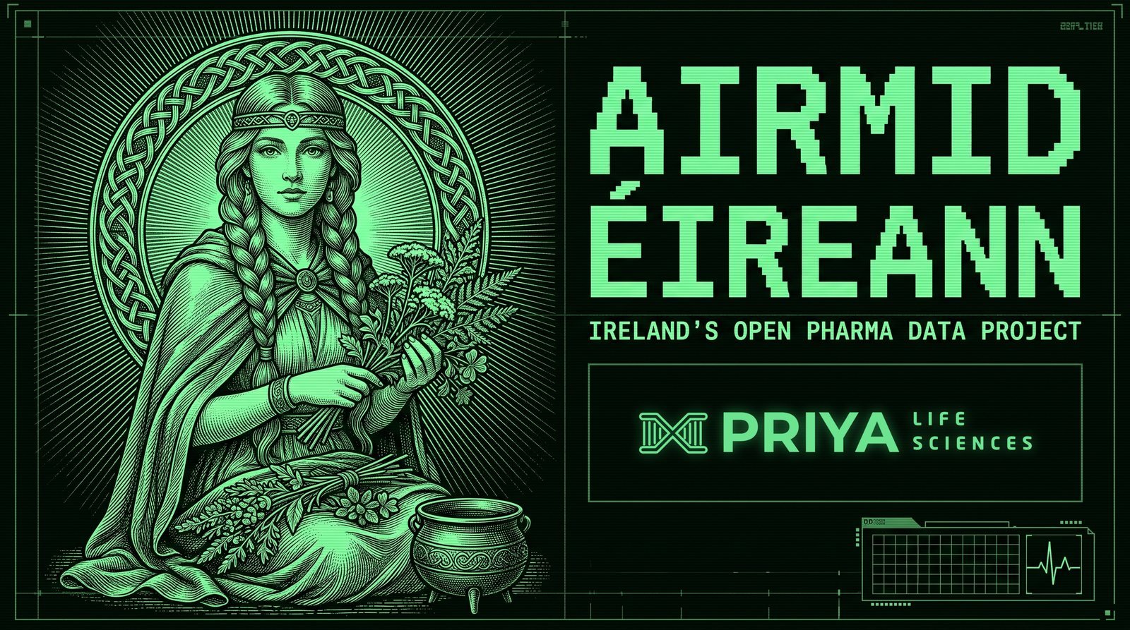 Airmid Éireann, Ireland's Open Pharma Data Project, by Priya Life Science: banner artwork with Airmid holding healing herbs