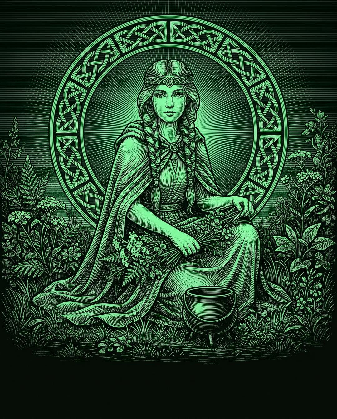 Engraved green illustration of Airmid, healer of early Irish mythology, seated with healing herbs and a cauldron inside a Celtic knot circle