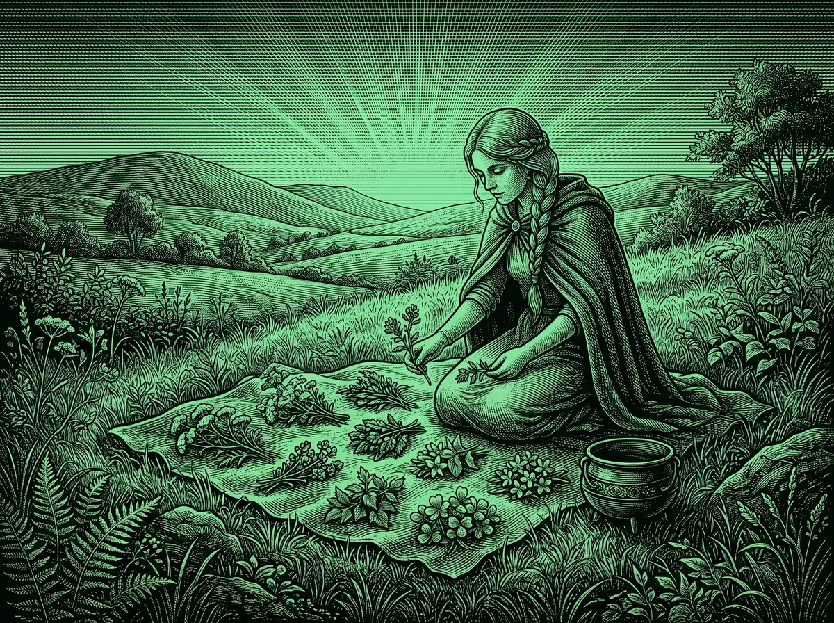 Engraved green and black illustration of Airmid sorting healing herbs on a cloak in an Irish meadow