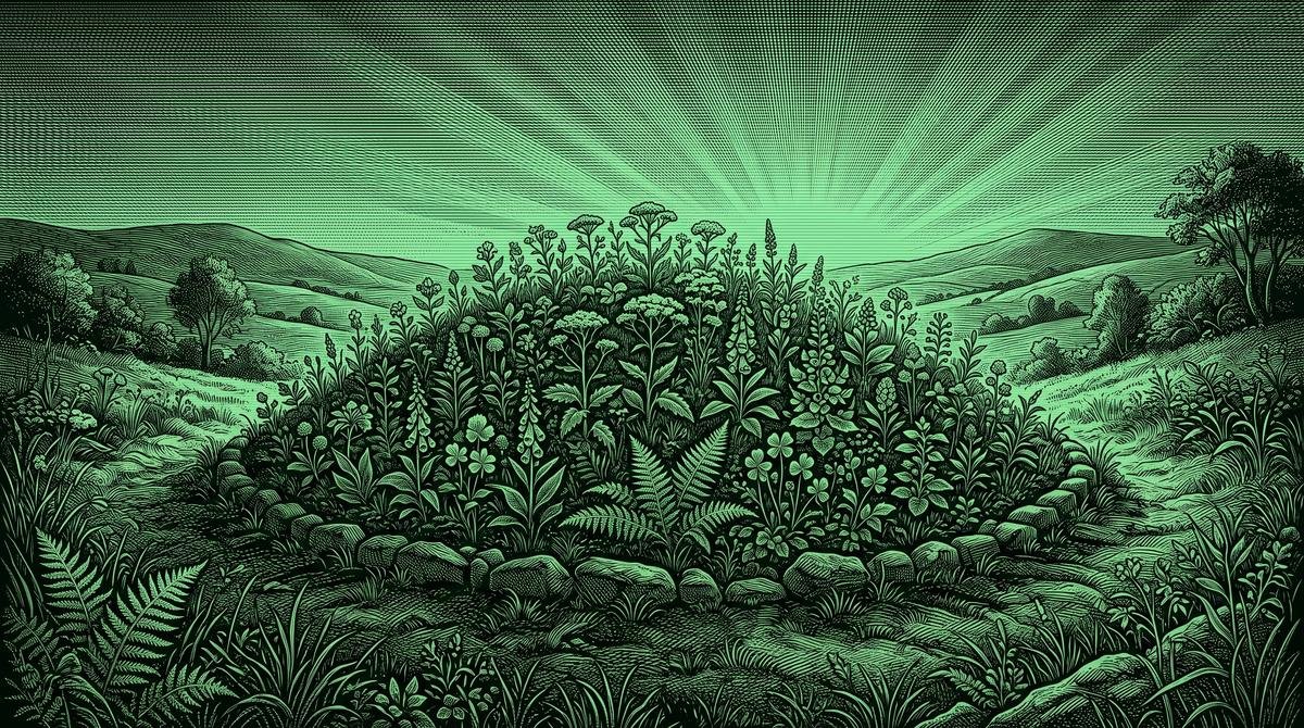 Engraved illustration of a low mound covered in healing herbs and ferns, with sunrise over Irish hills