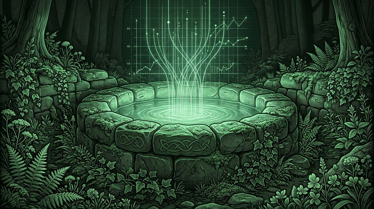 Engraved illustration of an old stone holy well with glowing lines of light rising from the water into charts