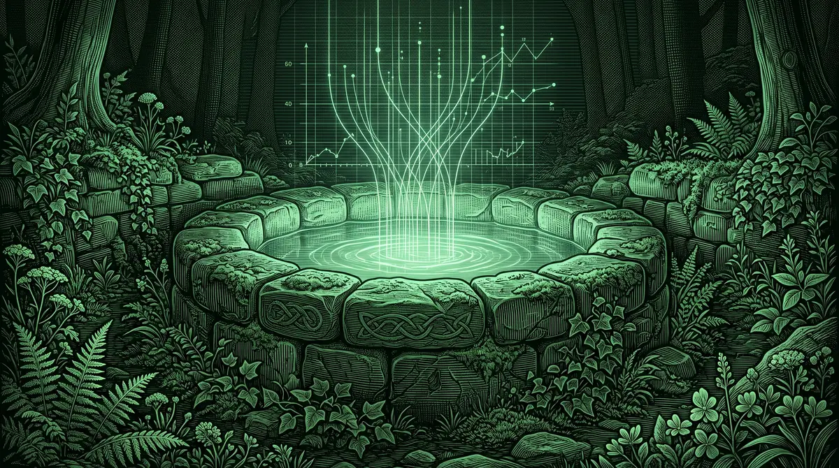 Green and black engraving of an old stone well in an Irish forest, with lines of data rising from the water like a chart