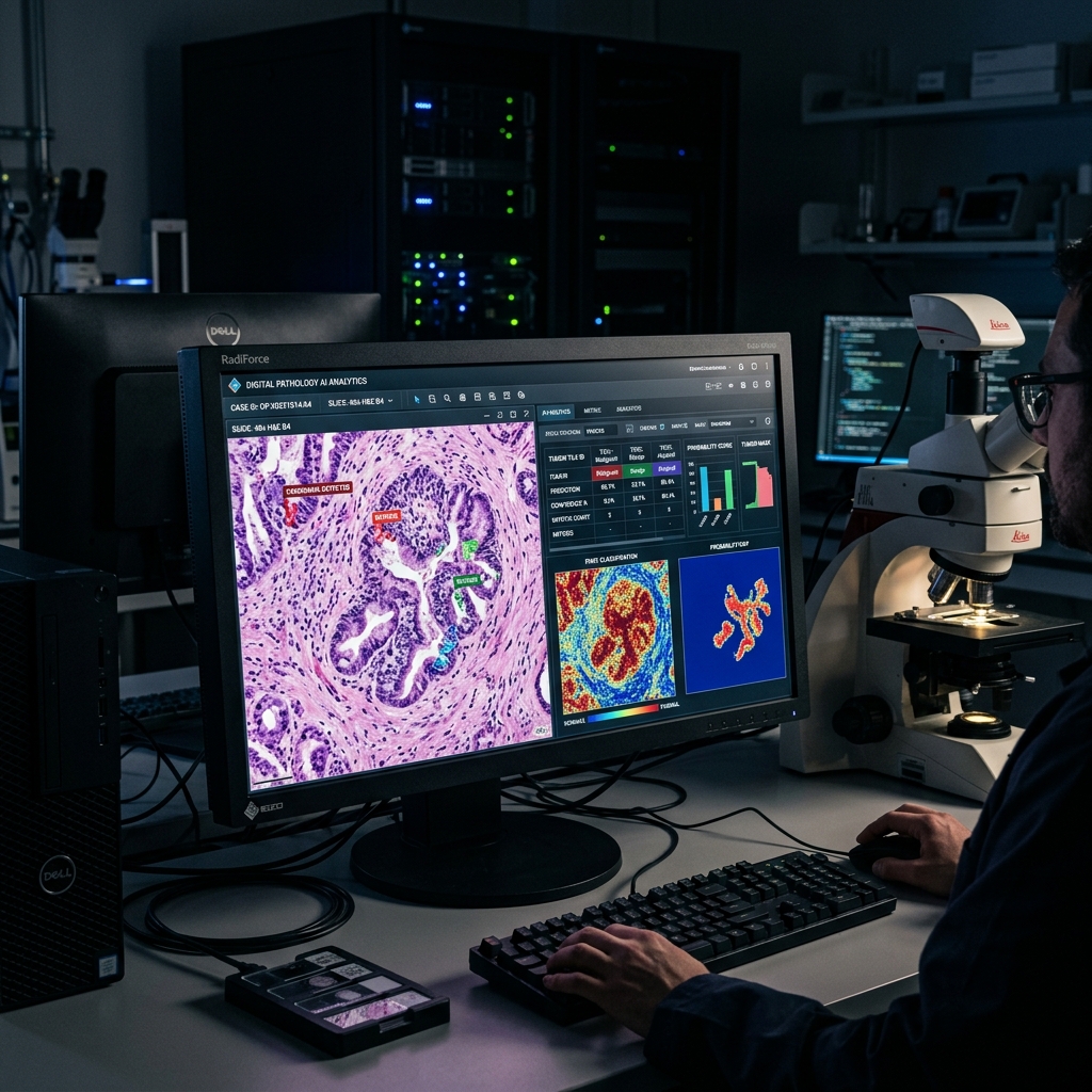 A photorealistic computer monitor displaying complex digital pathology slides and AI data grids