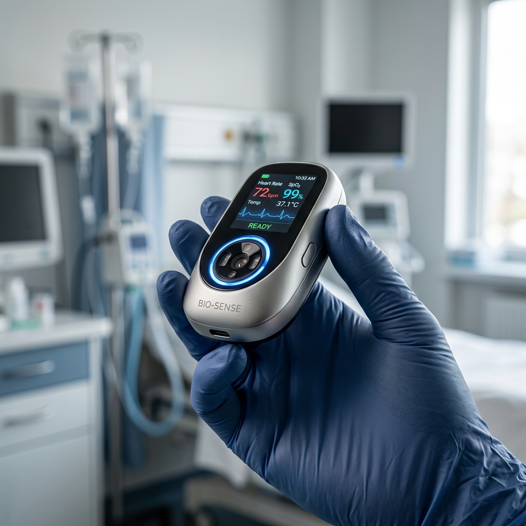 A sleek, photorealistic medical sensor device held gently in a gloved hand