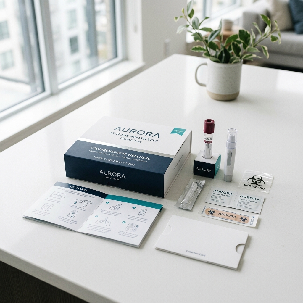 A photorealistic mock-up of an at-home medical diagnostic test kit