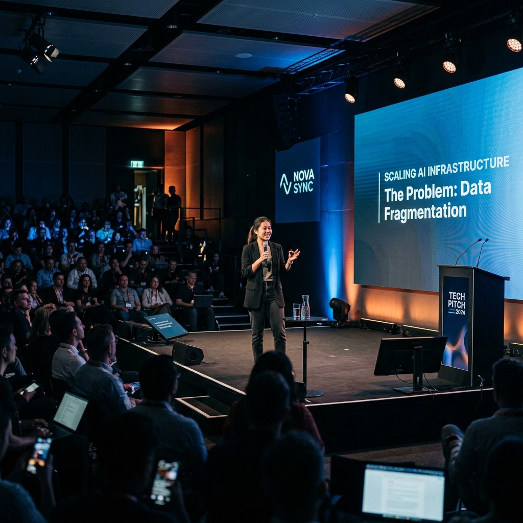 A tech startup founder pitching on a stage in a high-tech auditorium