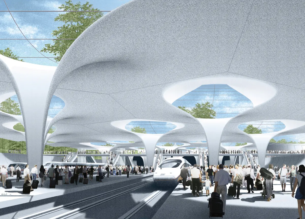 Design visualisation of the new Stuttgart 21 underground main station with its shell roof and light openings